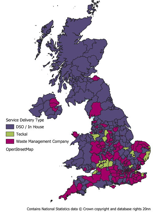 Map of waste collection service delivery types across UK authorities